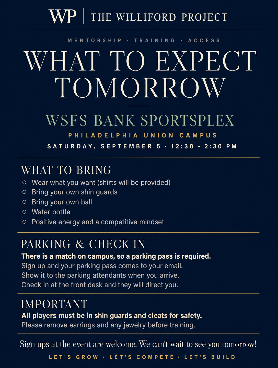 What to expect tomorrow. Skills Day Series, Part Two. Saturday, September 5, 12:30 PM to 2:30 PM at WSFS Bank Sportsplex, Philadelphia Union Campus.
